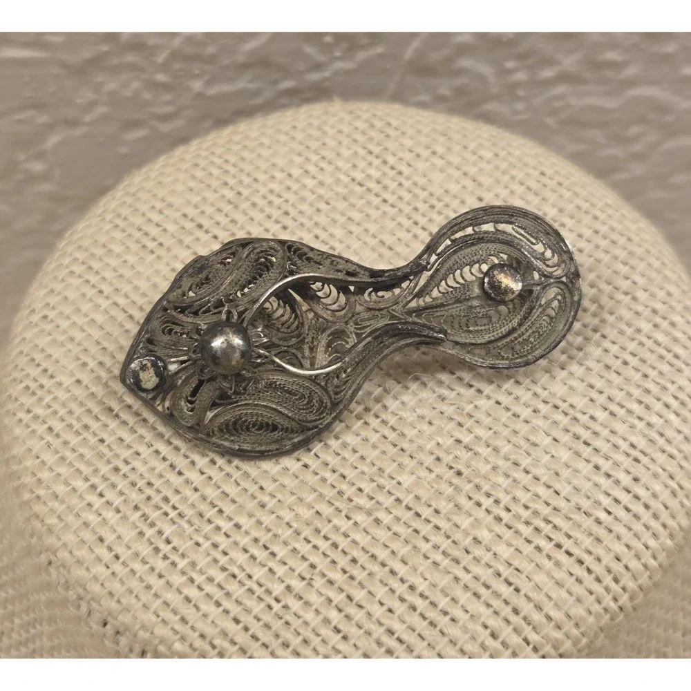 Art Deco Sterling Silver Filigree Slipper Brooch Pin 2
